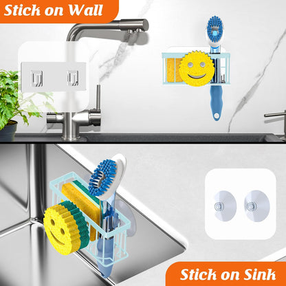 Sponge Holder Smiley Face, Sink Organizer with 2 Suction Cups/1 Adhesive Strips, Designed for Sponge, Soap, Dish Brush, Scrubber - Black