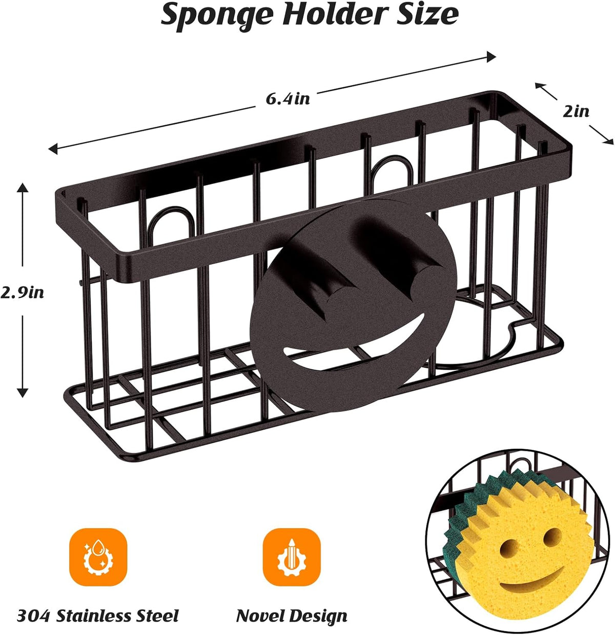 Sponge Holder Smiley Face, Sink Organizer with 2 Suction Cups/1 Adhesive Strips, Designed for Sponge, Soap, Dish Brush, Scrubber - Black