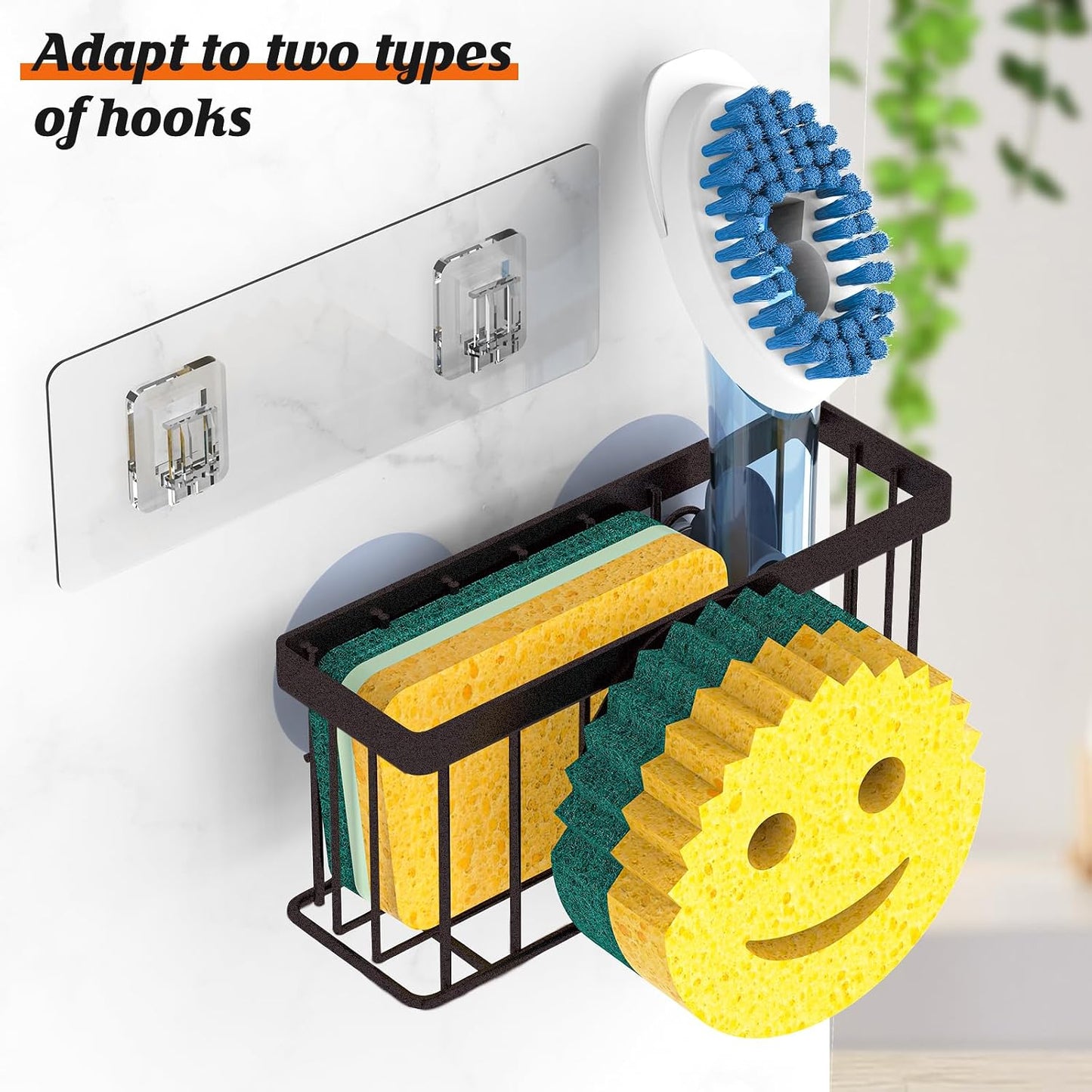 Sponge Holder Smiley Face, Sink Organizer with 2 Suction Cups/1 Adhesive Strips, Designed for Sponge, Soap, Dish Brush, Scrubber - Black
