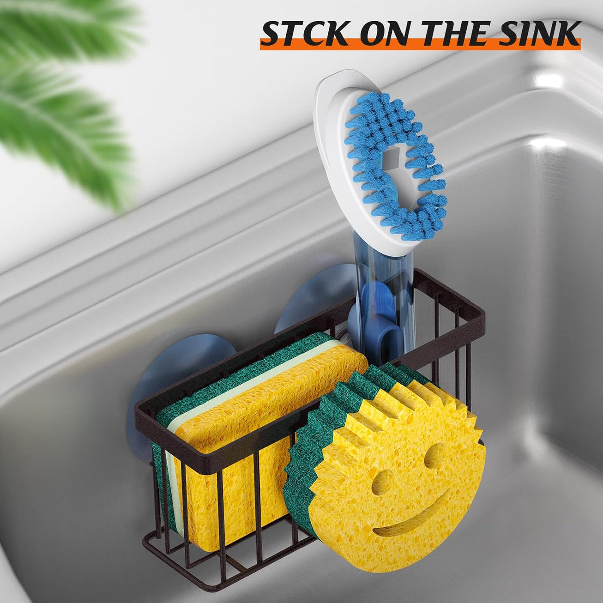Sponge Holder Smiley Face, Sink Organizer with 2 Suction Cups/1 Adhesive Strips, Designed for Sponge, Soap, Dish Brush, Scrubber - Black