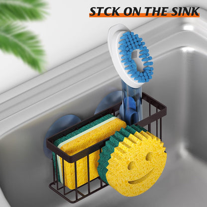 Sponge Holder Smiley Face, Sink Organizer with 2 Suction Cups/1 Adhesive Strips, Designed for Sponge, Soap, Dish Brush, Scrubber - Black