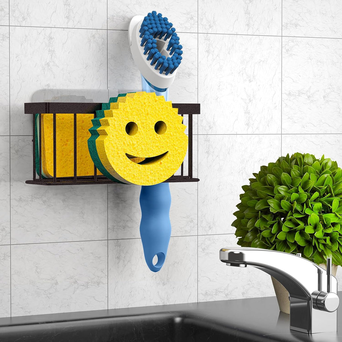 Sponge Holder Smiley Face, Sink Organizer with 2 Suction Cups/1 Adhesive Strips, Designed for Sponge, Soap, Dish Brush, Scrubber - Black