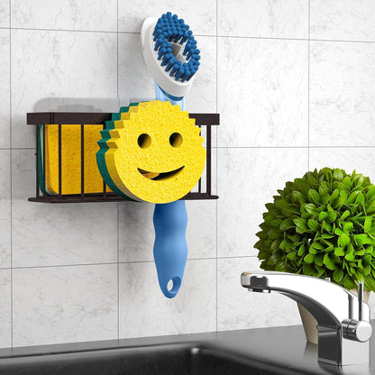 Sponge Holder Smiley Face, Sink Organizer with 2 Suction Cups/1 Adhesive Strips, Designed for Sponge, Soap, Dish Brush, Scrubber - Black