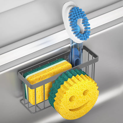 Sponge Holder Smiley Face, Sink Organizer with 2 Suction Cups/1 Adhesive Strips, Designed for Sponge, Soap, Dish Brush, Scrubber - Black
