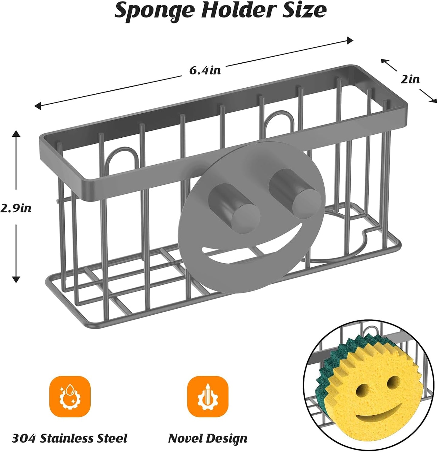 Sponge Holder Smiley Face, Sink Organizer with 2 Suction Cups/1 Adhesive Strips, Designed for Sponge, Soap, Dish Brush, Scrubber - Black