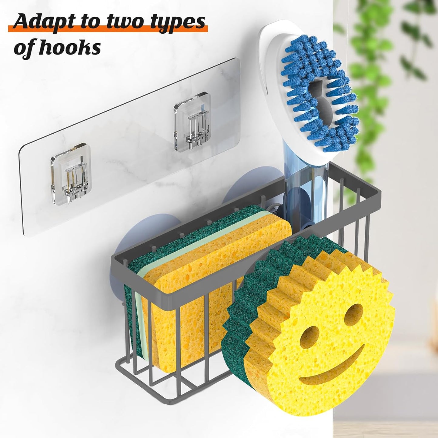Sponge Holder Smiley Face, Sink Organizer with 2 Suction Cups/1 Adhesive Strips, Designed for Sponge, Soap, Dish Brush, Scrubber - Black