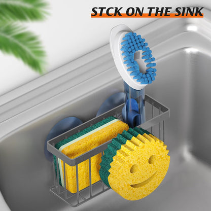 Sponge Holder Smiley Face, Sink Organizer with 2 Suction Cups/1 Adhesive Strips, Designed for Sponge, Soap, Dish Brush, Scrubber - Black