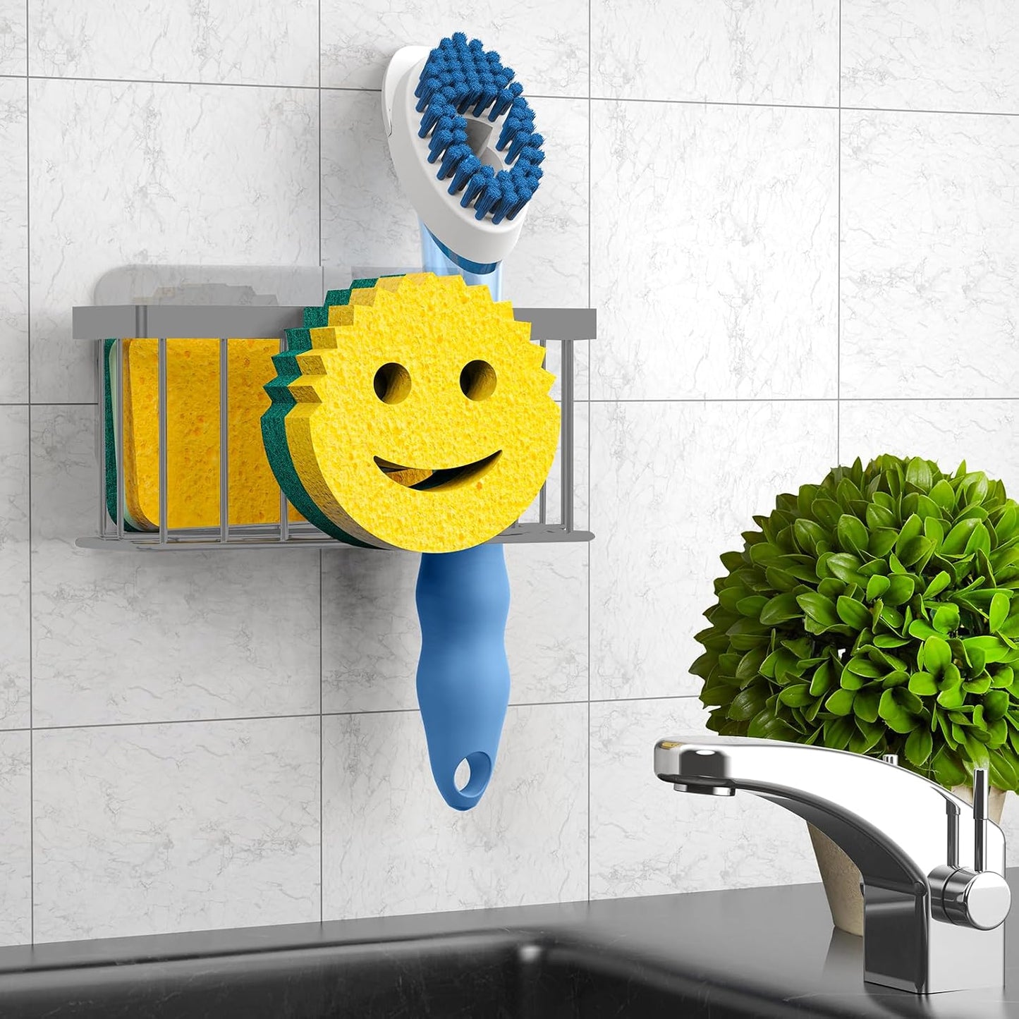 Sponge Holder Smiley Face, Sink Organizer with 2 Suction Cups/1 Adhesive Strips, Designed for Sponge, Soap, Dish Brush, Scrubber - Black