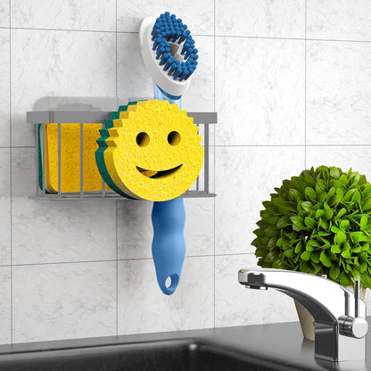 Sponge Holder Smiley Face, Sink Organizer with 2 Suction Cups/1 Adhesive Strips, Designed for Sponge, Soap, Dish Brush, Scrubber - Black