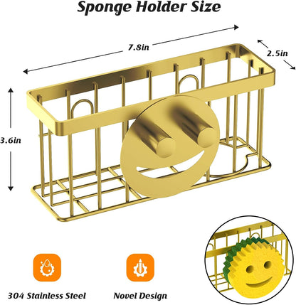 Sponge Holder Smiley Face, Sink Organizer with 2 Suction Cups/1 Adhesive Strips, Designed for Sponge, Soap, Dish Brush, Scrubber - Black