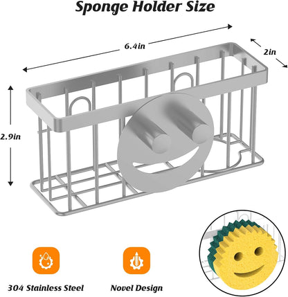 Sponge Holder Smiley Face, Sink Organizer with 2 Suction Cups/1 Adhesive Strips, Designed for Sponge, Soap, Dish Brush, Scrubber - Black