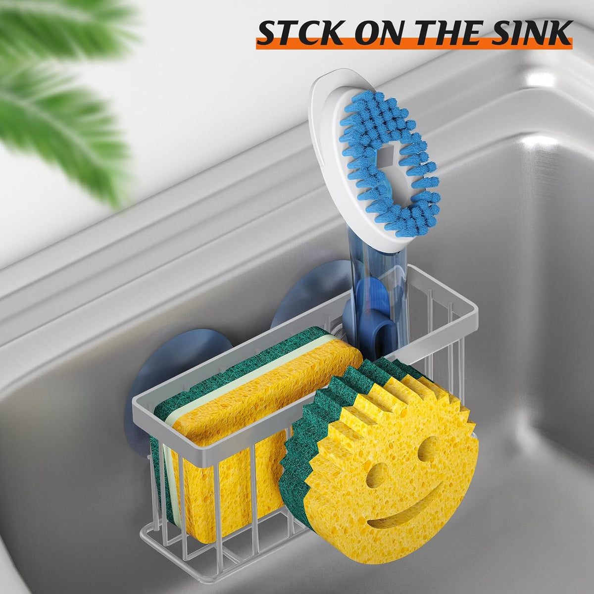Sponge Holder Smiley Face, Sink Organizer with 2 Suction Cups/1 Adhesive Strips, Designed for Sponge, Soap, Dish Brush, Scrubber - Black