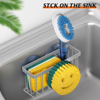 Sponge Holder Smiley Face, Sink Organizer with 2 Suction Cups/1 Adhesive Strips, Designed for Sponge, Soap, Dish Brush, Scrubber - Black