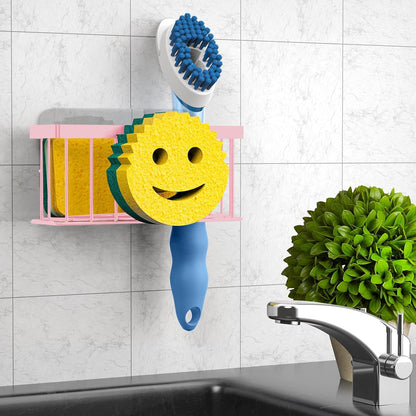 Sponge Holder Smiley Face, Sink Organizer with 2 Suction Cups/1 Adhesive Strips, Designed for Sponge, Soap, Dish Brush, Scrubber - Black