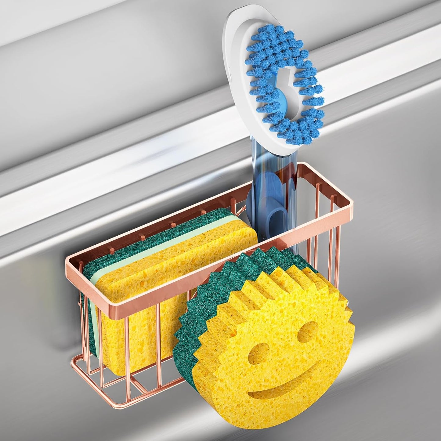 Sponge Holder Smiley Face, Sink Organizer with 2 Suction Cups/1 Adhesive Strips, Designed for Sponge, Soap, Dish Brush, Scrubber - Black