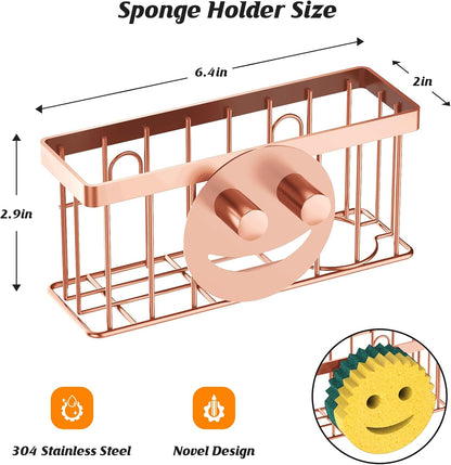 Sponge Holder Smiley Face, Sink Organizer with 2 Suction Cups/1 Adhesive Strips, Designed for Sponge, Soap, Dish Brush, Scrubber - Black