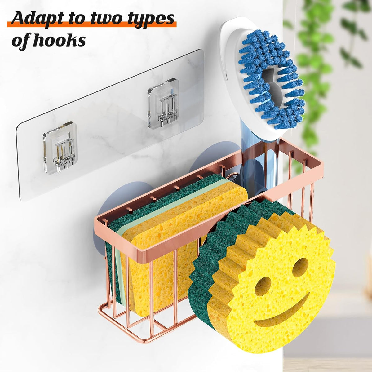 Sponge Holder Smiley Face, Sink Organizer with 2 Suction Cups/1 Adhesive Strips, Designed for Sponge, Soap, Dish Brush, Scrubber - Black