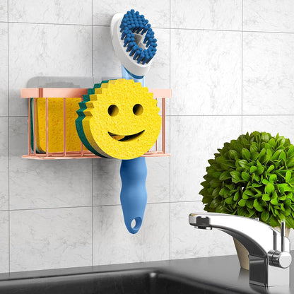 Sponge Holder Smiley Face, Sink Organizer with 2 Suction Cups/1 Adhesive Strips, Designed for Sponge, Soap, Dish Brush, Scrubber - Black