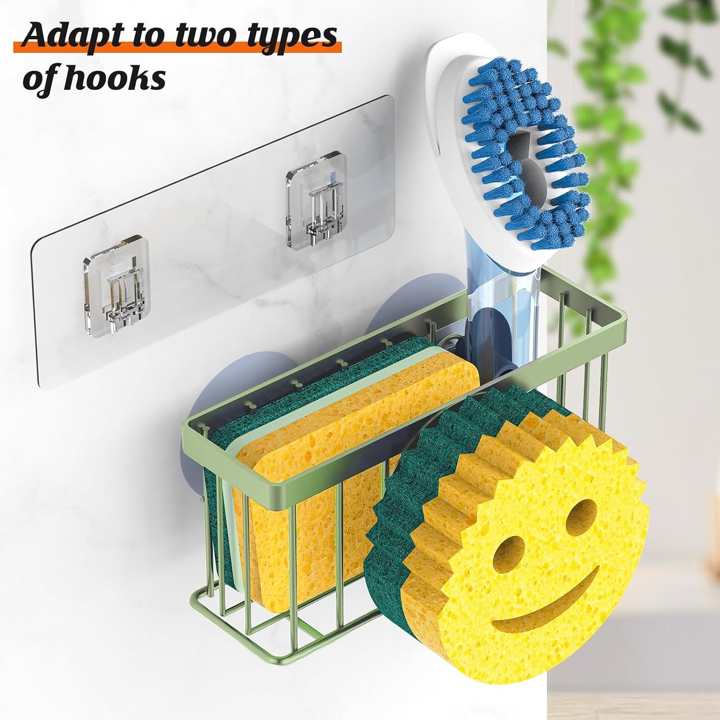 Sponge Holder Smiley Face, Sink Organizer with 2 Suction Cups/1 Adhesive Strips, Designed for Sponge, Soap, Dish Brush, Scrubber - Black