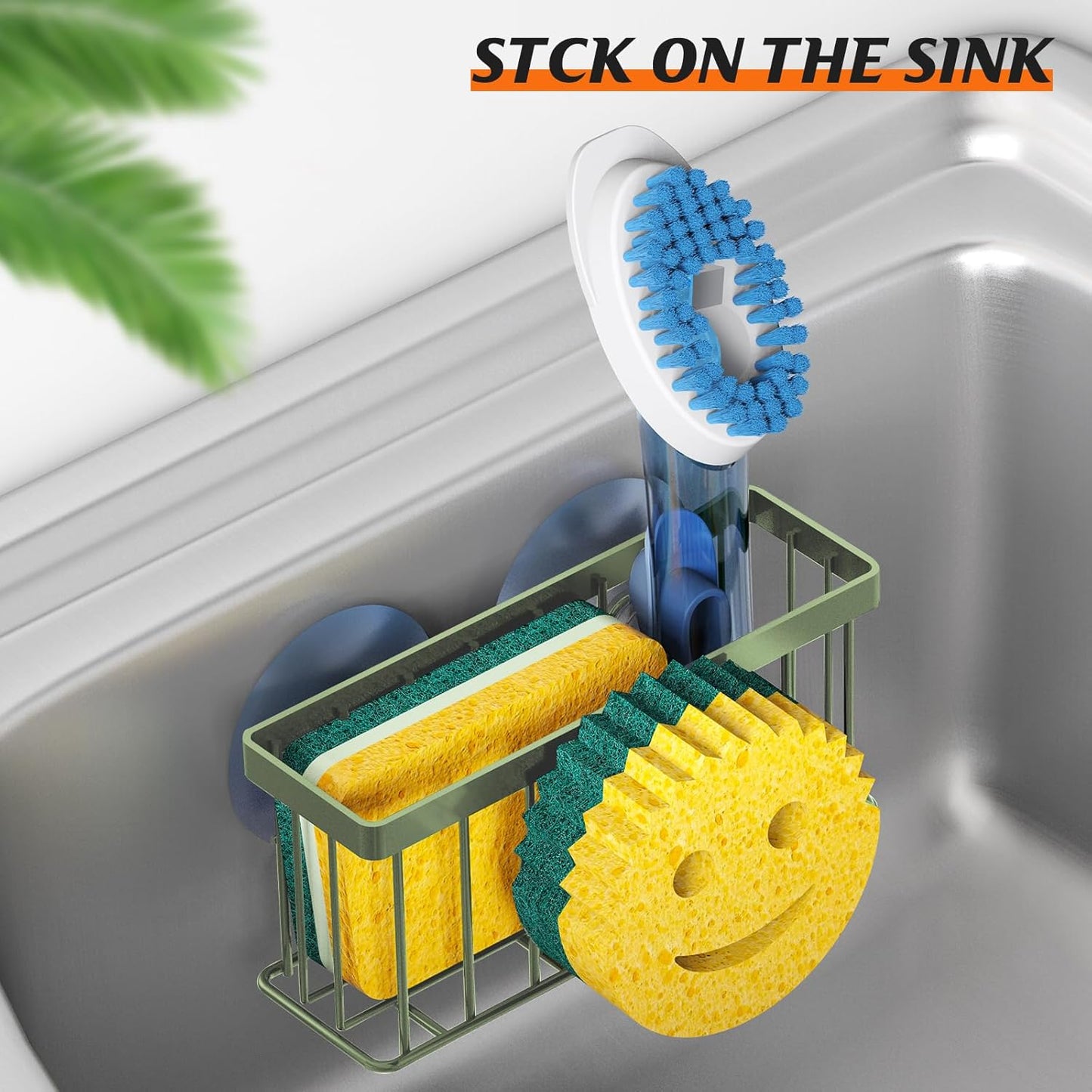 Sponge Holder Smiley Face, Sink Organizer with 2 Suction Cups/1 Adhesive Strips, Designed for Sponge, Soap, Dish Brush, Scrubber - Black
