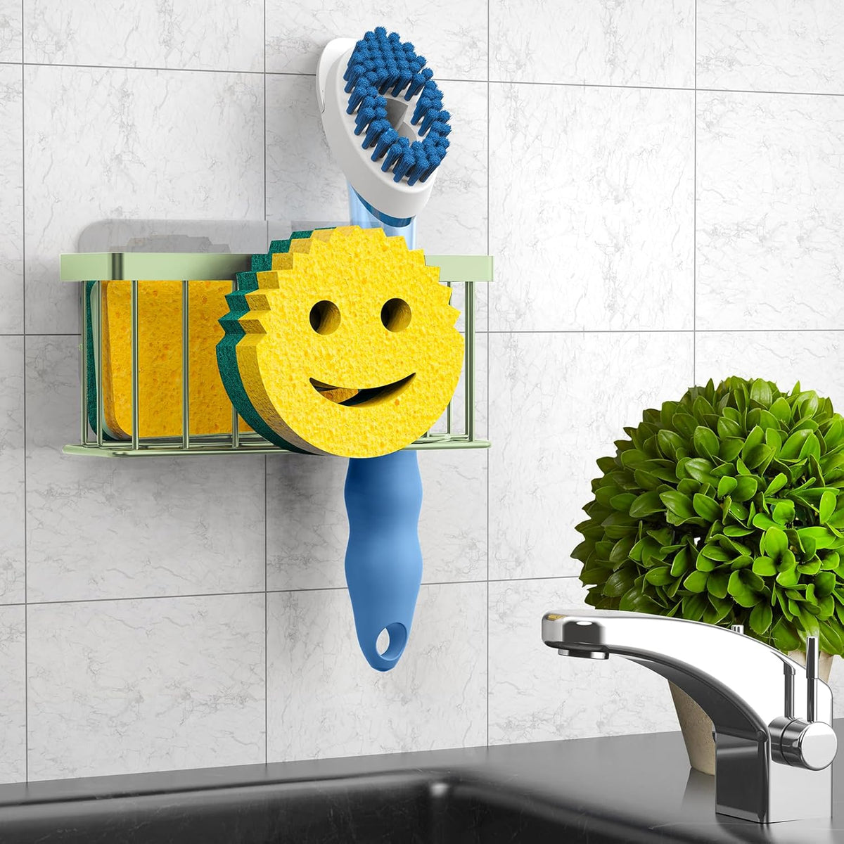 Sponge Holder Smiley Face, Sink Organizer with 2 Suction Cups/1 Adhesive Strips, Designed for Sponge, Soap, Dish Brush, Scrubber - Black