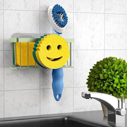 Sponge Holder Smiley Face, Sink Organizer with 2 Suction Cups/1 Adhesive Strips, Designed for Sponge, Soap, Dish Brush, Scrubber - Black