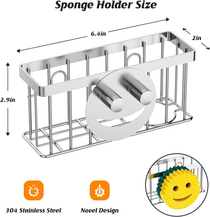 Sponge Holder Smiley Face, Sink Organizer with 2 Suction Cups/1 Adhesive Strips, Designed for Sponge, Soap, Dish Brush, Scrubber - Black