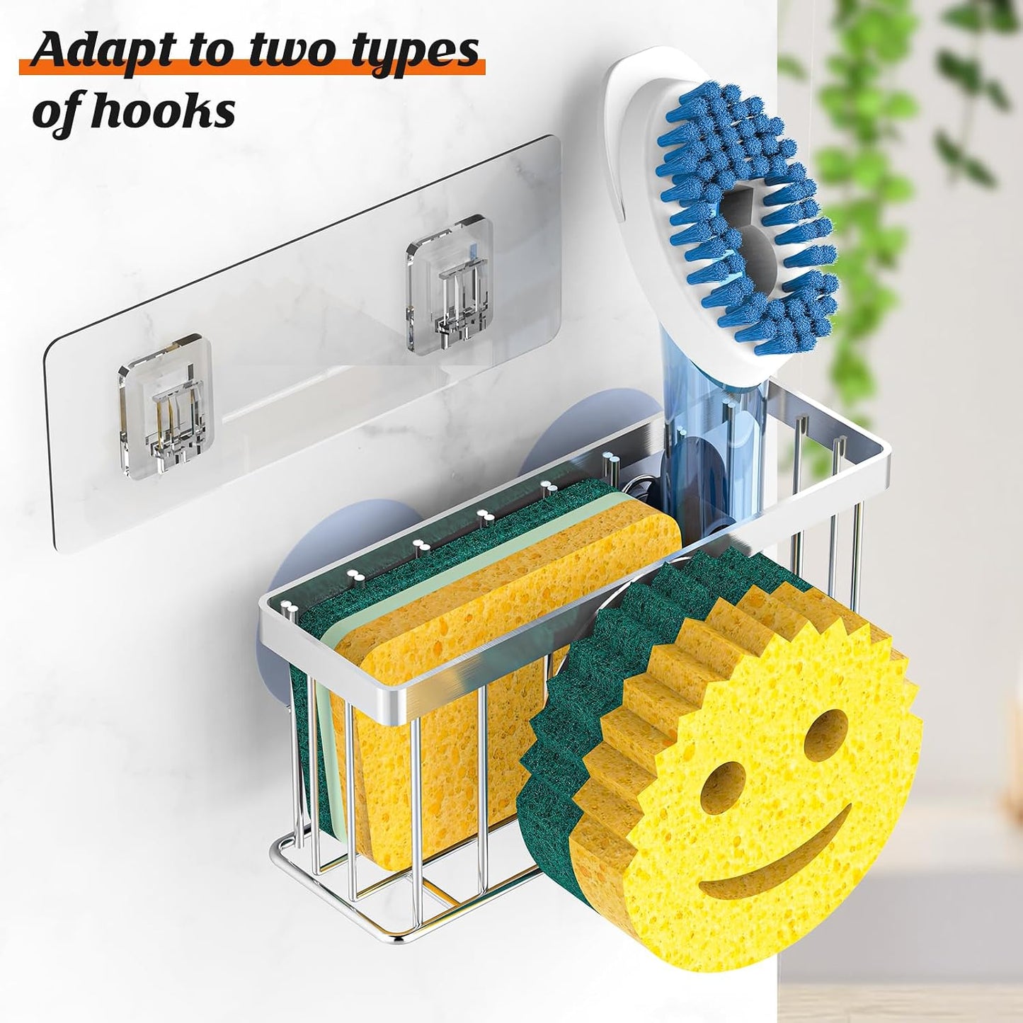 Sponge Holder Smiley Face, Sink Organizer with 2 Suction Cups/1 Adhesive Strips, Designed for Sponge, Soap, Dish Brush, Scrubber - Black