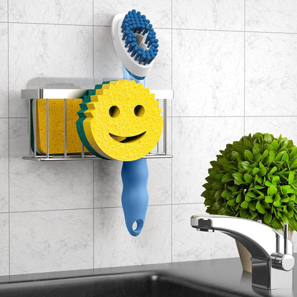 Sponge Holder Smiley Face, Sink Organizer with 2 Suction Cups/1 Adhesive Strips, Designed for Sponge, Soap, Dish Brush, Scrubber - Black