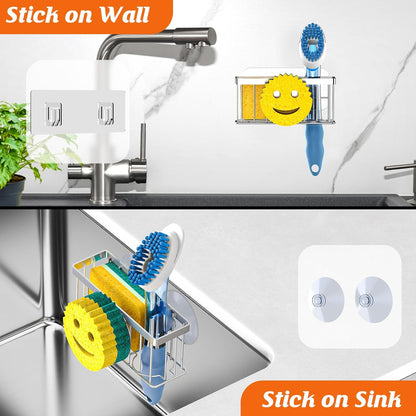Sponge Holder Smiley Face, Sink Organizer with 2 Suction Cups/1 Adhesive Strips, Designed for Sponge, Soap, Dish Brush, Scrubber - Black