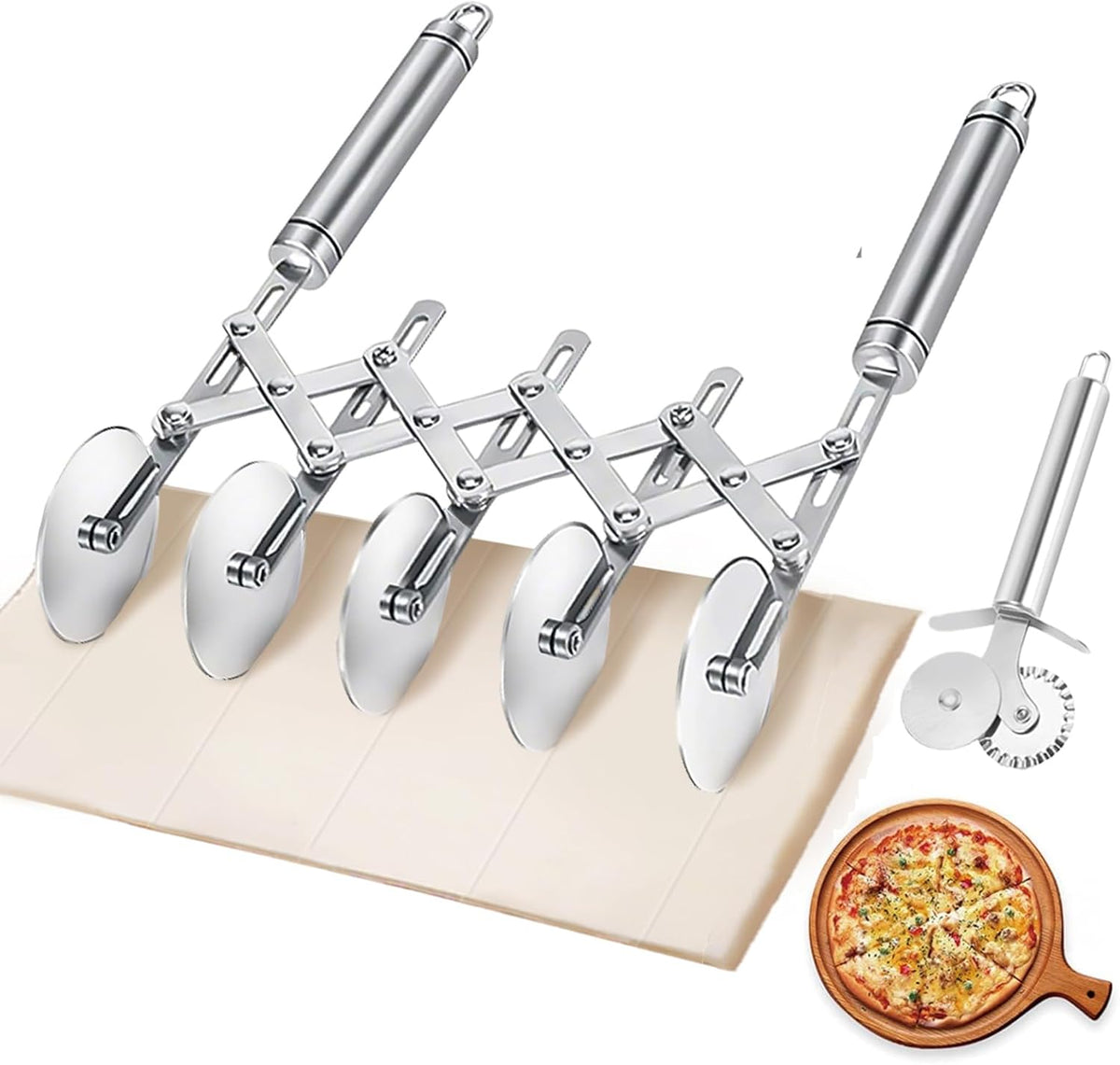 5 Wheel Pastry Cutter, Stainless Steel Dough Cutter Wheel with Handle, Dual Fluted Ravioli Pasta Noodle Pizza Slicer, Expandable Round Pastry Knife, Versatile Cookie Dough Divider