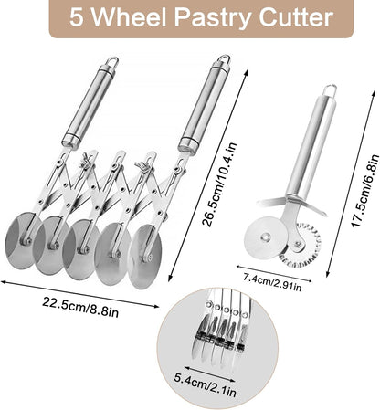 5 Wheel Pastry Cutter, Stainless Steel Dough Cutter Wheel with Handle, Dual Fluted Ravioli Pasta Noodle Pizza Slicer, Expandable Round Pastry Knife, Versatile Cookie Dough Divider