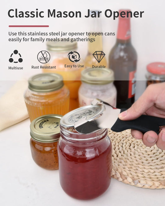 Mason Jar Opener Tool with Soft Touch Handle, for Canning Supplies | No Lid Dents or Damage, Multifunctional Opener Tool, Easy twist removes any jar lid, Built in bottle opener, Built to last