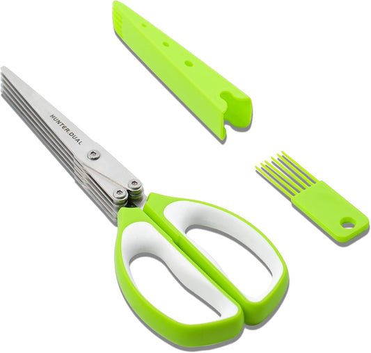 5 Blades Herb Scissors - Professional Kitchen Shears with Safety Cover for Cutting Green Onions, Fresh Herbs, Vegetables & Salad Food Prep, Must-Have Cooking Gadgets (Green, White, 8.7 inch)