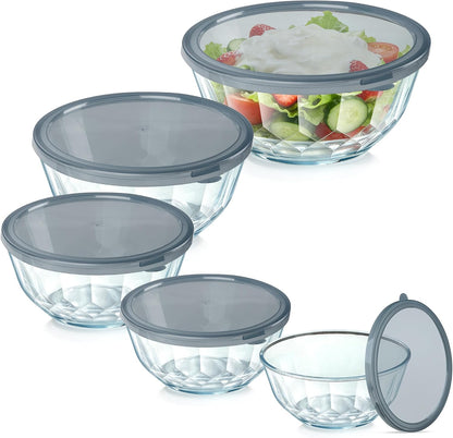 5‑Piece Glass Mixing Bowls Set with Airtight Lids, Gray