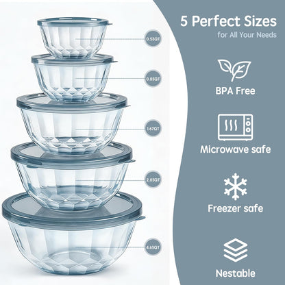 5‑Piece Glass Mixing Bowls Set with Airtight Lids, Gray