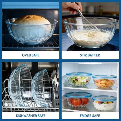 5‑Piece Glass Mixing Bowls Set with Airtight Lids, Gray