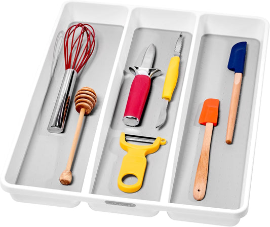 3 Compartment Premium Utensil Tray, Multi Purpose Storage Organizer, Non Slip Lining, Deep Storage for Ladles, Whisks & Serving Tools, for Drawers & Home Organization, White
