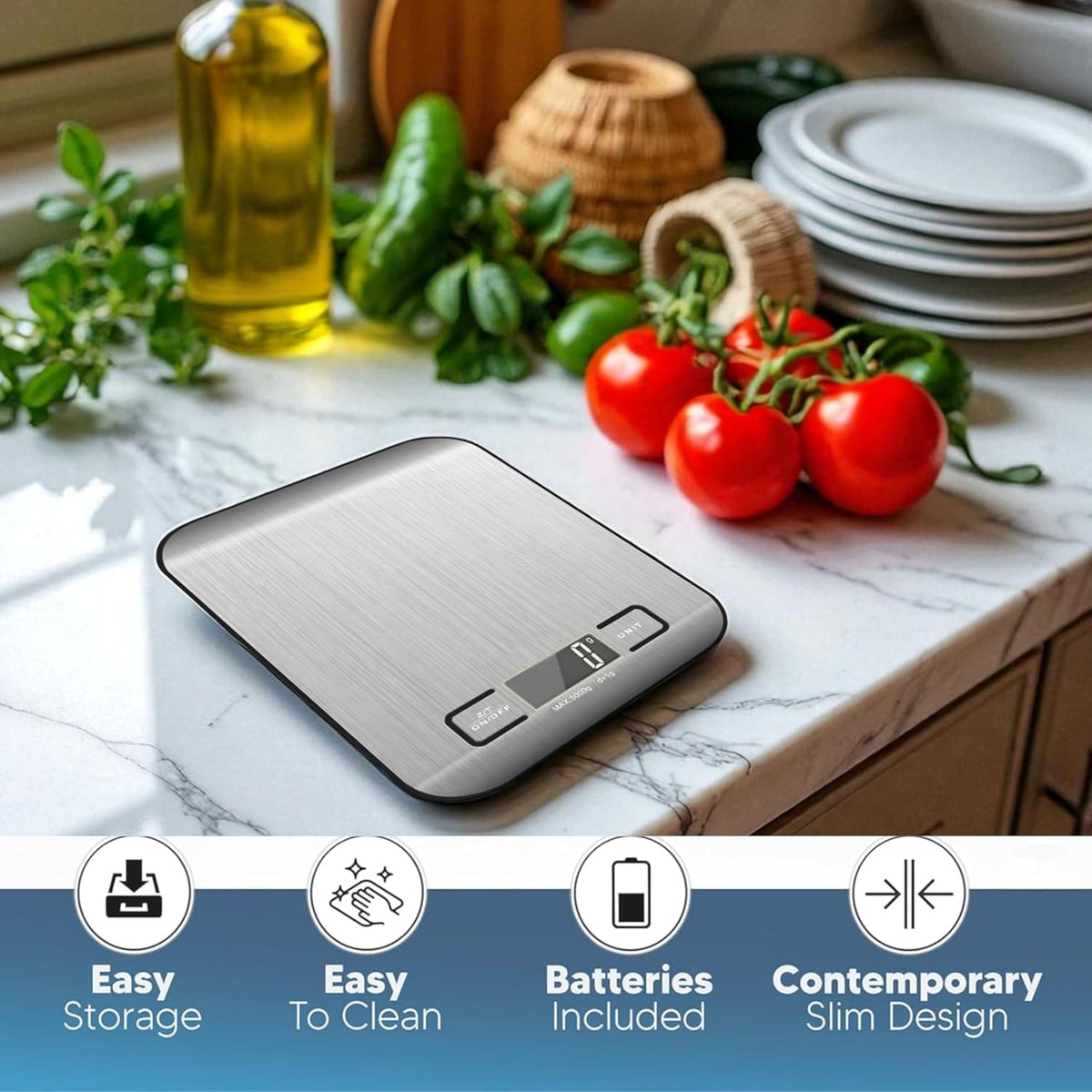 Digital Kitchen Scale, 11lb Stainless Steel Food Scale with LCD Display, 6 Units Tare Function, 0.05oz/1g Precision for Baking (White)