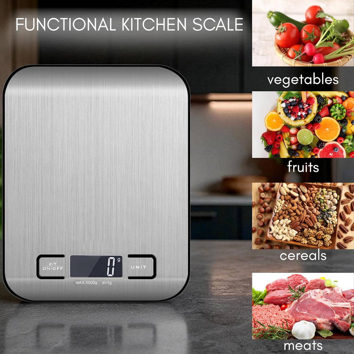 Digital Kitchen Scale, 11lb Stainless Steel Food Scale with LCD Display, 6 Units Tare Function, 0.05oz/1g Precision for Baking (White)