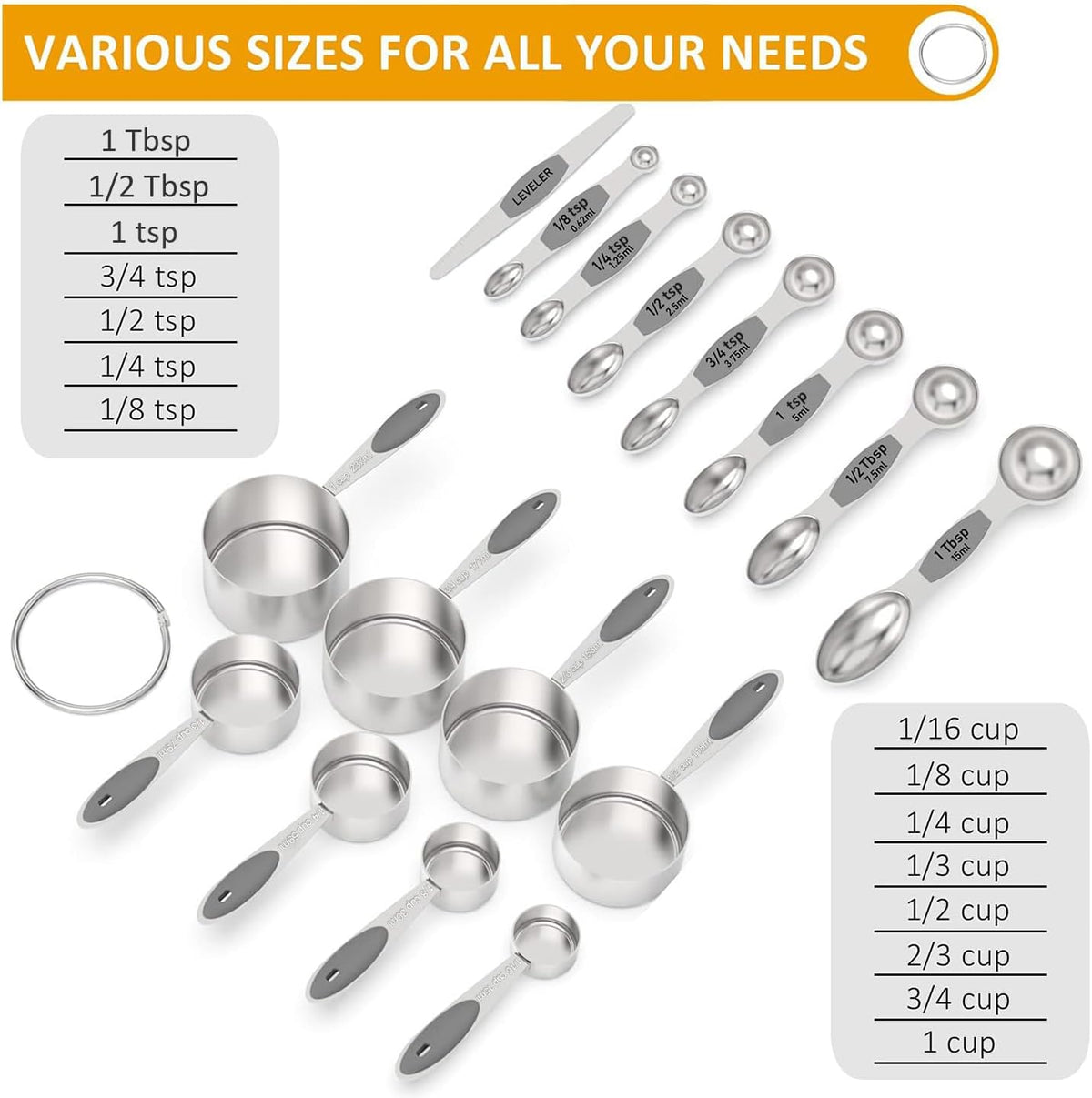 Stainless Steel Measuring Cups and Spoons Set of 16