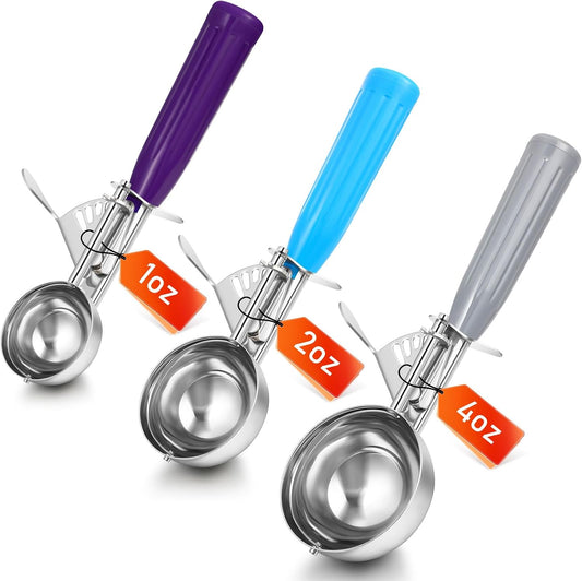 3 Pcs Release Cookie Scoops Ice Cream Scooper with Trigger Release Portion Scoop Stainless Steel for Portion Control, Baking Food, Cookie Dough (4 Oz+2 Oz+1 oz,Gray,Blue,Purple)