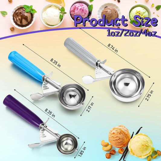 3 Pcs Release Cookie Scoops Ice Cream Scooper with Trigger Release Portion Scoop Stainless Steel for Portion Control, Baking Food, Cookie Dough (4 Oz+2 Oz+1 oz,Gray,Blue,Purple)
