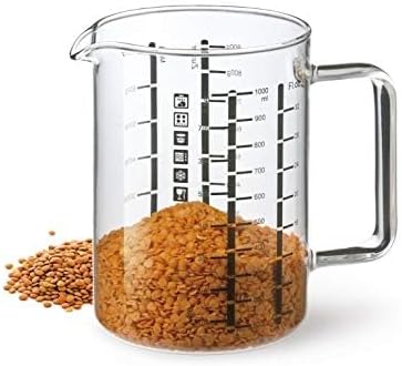 Glass Measuring Cup, 16 Ounce Durable Borosilicate Glass, Easy to Read Metric Measurements, Liter, Milliliter, Ounce, Sugar Grams, Flour Grams, Drip Free Spout, Microwave and Dishwasher Safe