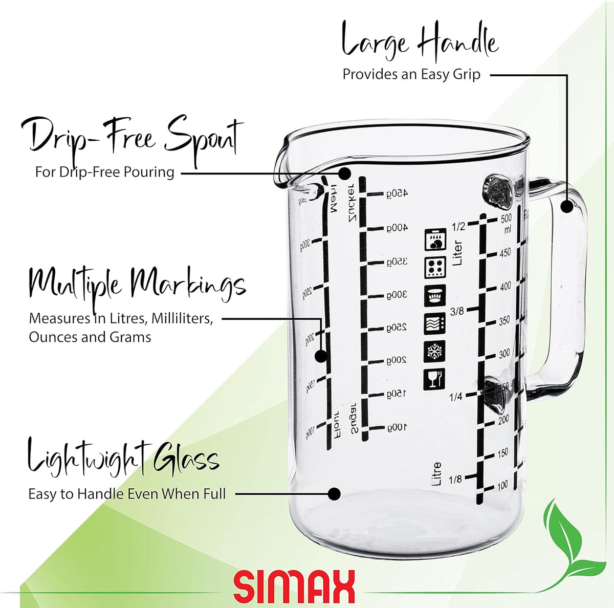 Glass Measuring Cup, 16 Ounce Durable Borosilicate Glass, Easy to Read Metric Measurements, Liter, Milliliter, Ounce, Sugar Grams, Flour Grams, Drip Free Spout, Microwave and Dishwasher Safe