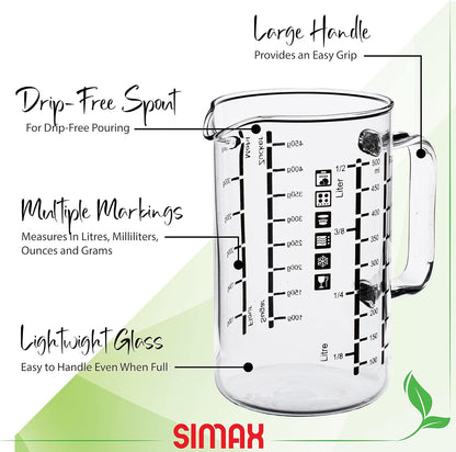 Glass Measuring Cup, 16 Ounce Durable Borosilicate Glass, Easy to Read Metric Measurements, Liter, Milliliter, Ounce, Sugar Grams, Flour Grams, Drip Free Spout, Microwave and Dishwasher Safe
