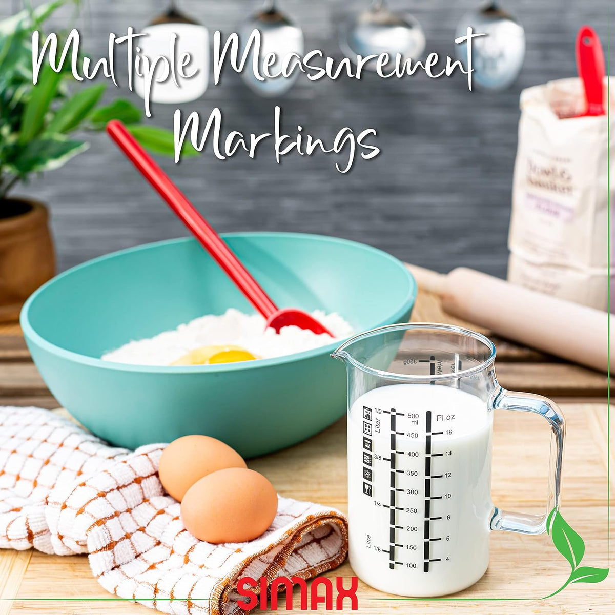 Glass Measuring Cup, 16 Ounce Durable Borosilicate Glass, Easy to Read Metric Measurements, Liter, Milliliter, Ounce, Sugar Grams, Flour Grams, Drip Free Spout, Microwave and Dishwasher Safe