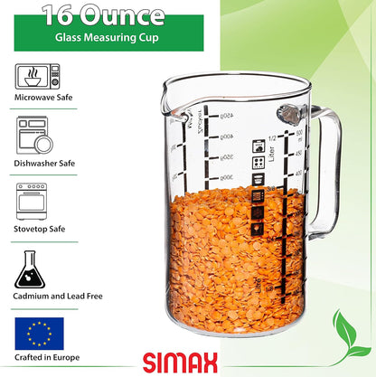 Glass Measuring Cup, 16 Ounce Durable Borosilicate Glass, Easy to Read Metric Measurements, Liter, Milliliter, Ounce, Sugar Grams, Flour Grams, Drip Free Spout, Microwave and Dishwasher Safe