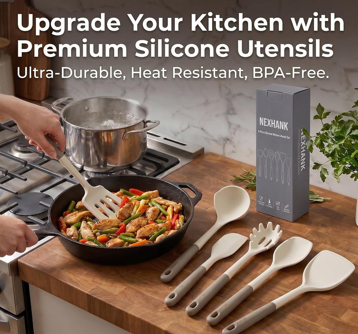 Silicone Utensils Set, 6-Piece, Heat Resistant, Anti-Scald Handle Design