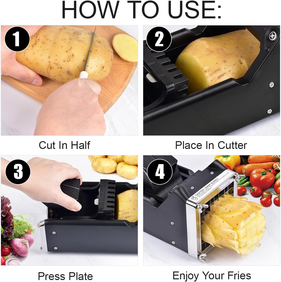 French Fry Cutter, 1/2 Inch Stainless Steel Blade, Black